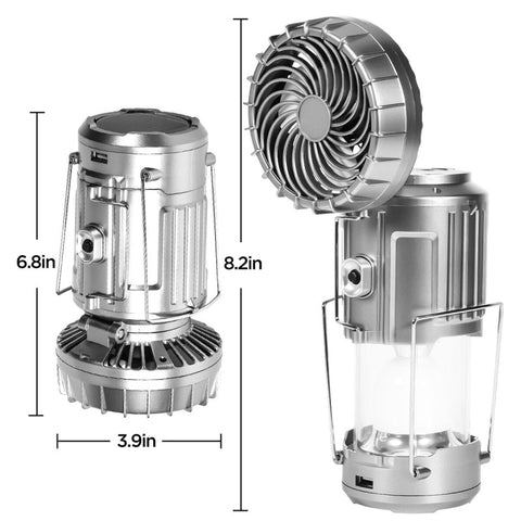 6-in-1 Portable Camping Lantern – Solar Rechargeable LED Light with Fan