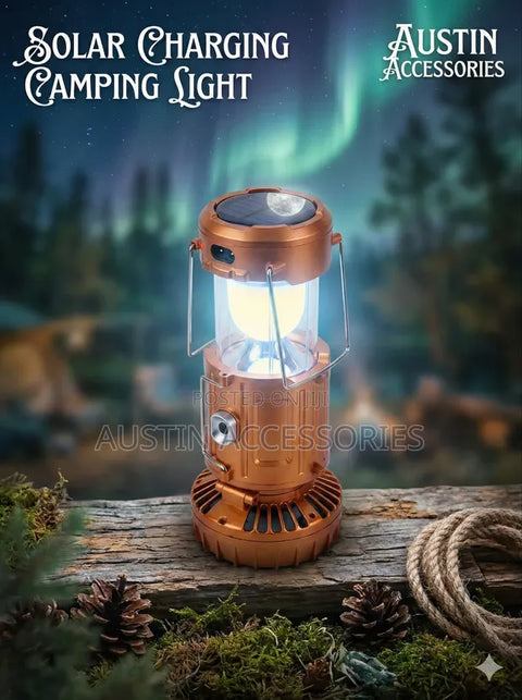 6-in-1 Portable Camping Lantern – Solar Rechargeable LED Light with Fan