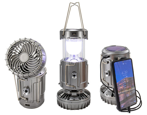 6-in-1 Portable Camping Lantern – Solar Rechargeable LED Light with Fan